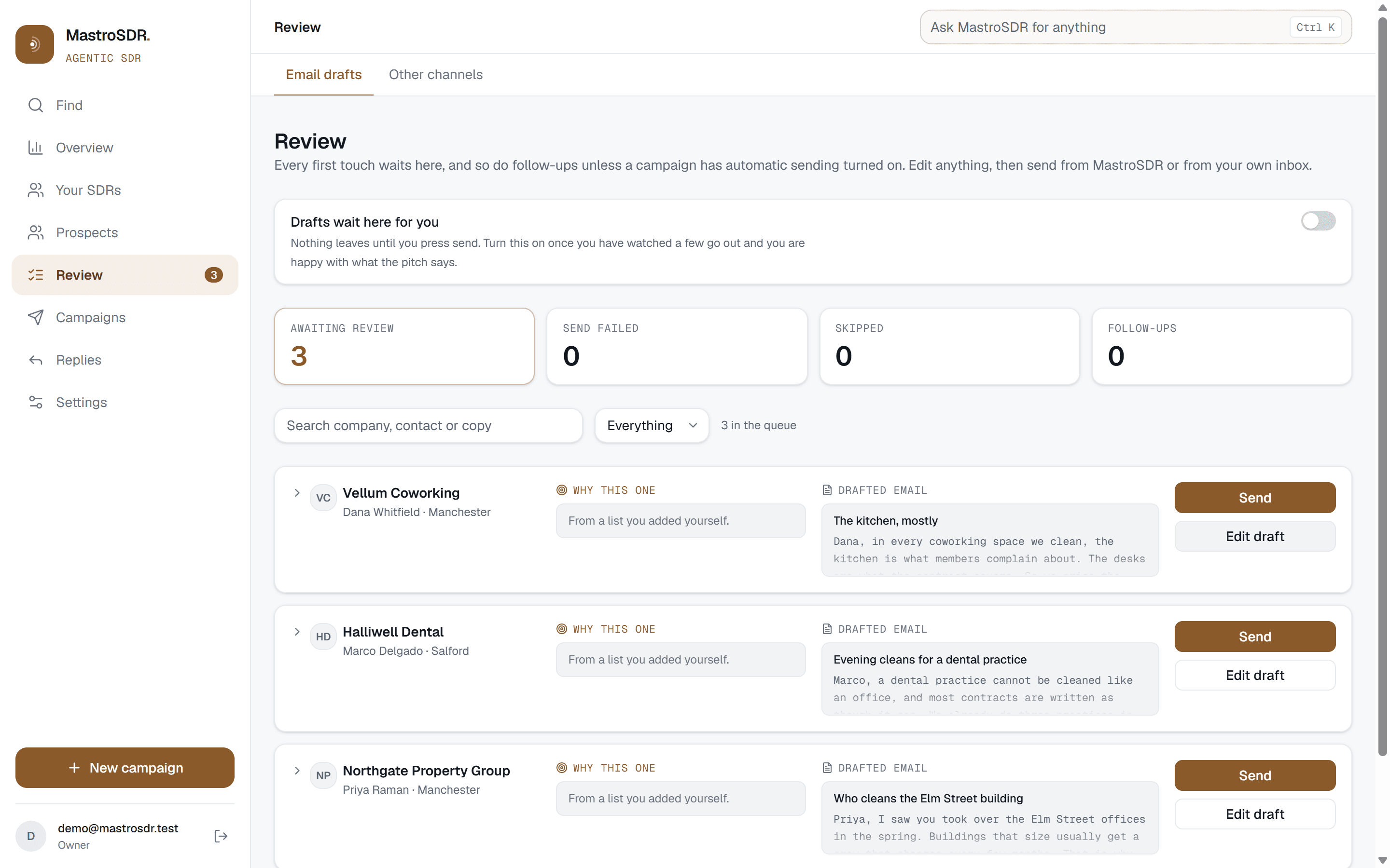 Three drafts waiting in Review: a coworking space, a dental practice and a property group. Each row carries the reason that prospect was picked, the drafted email, and Send beside Edit draft.